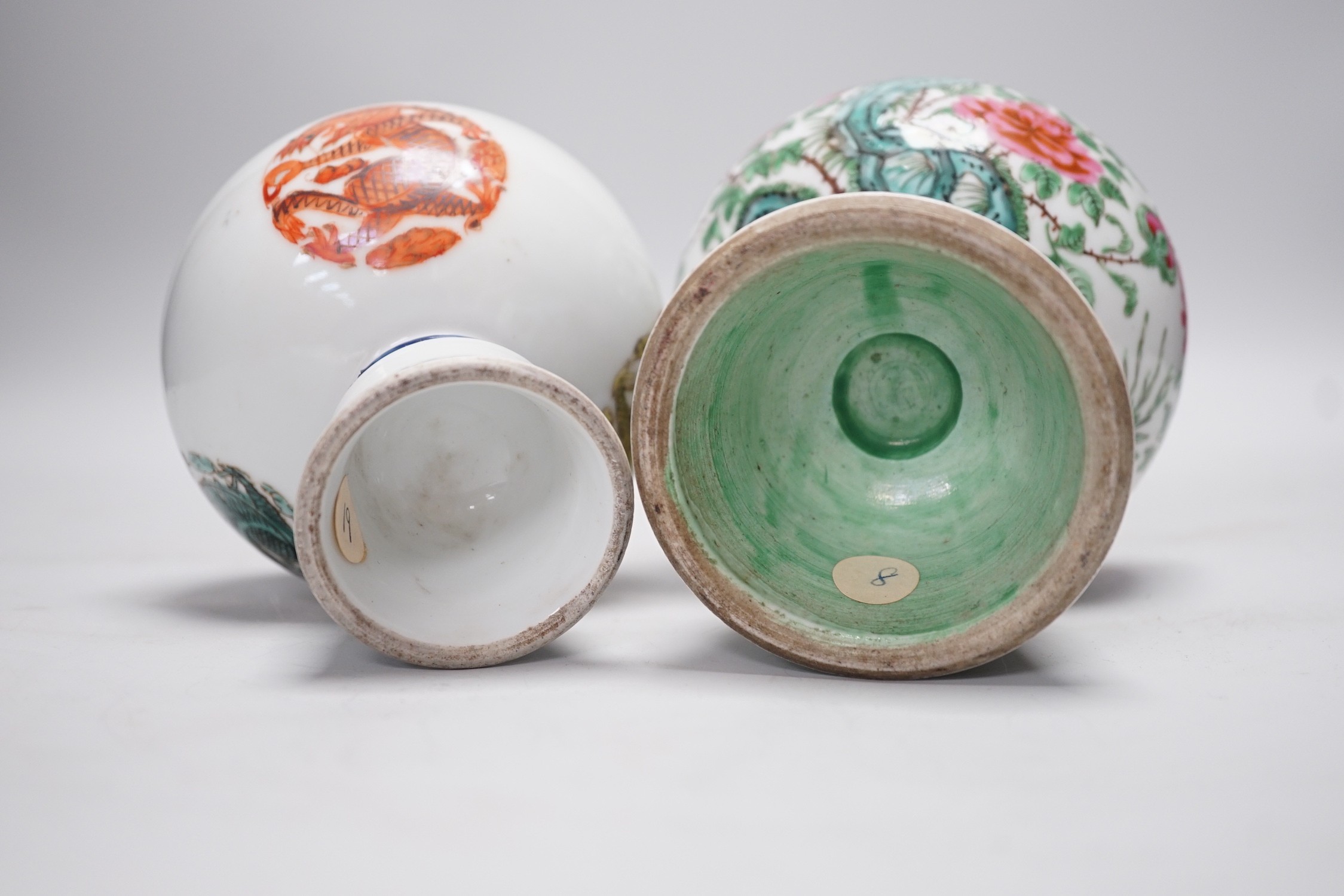 Two 19th century Chinese porcelain stem cups, The first decorated with Dragon medallions, the second with peonies and rock work, tallest 13.5cm